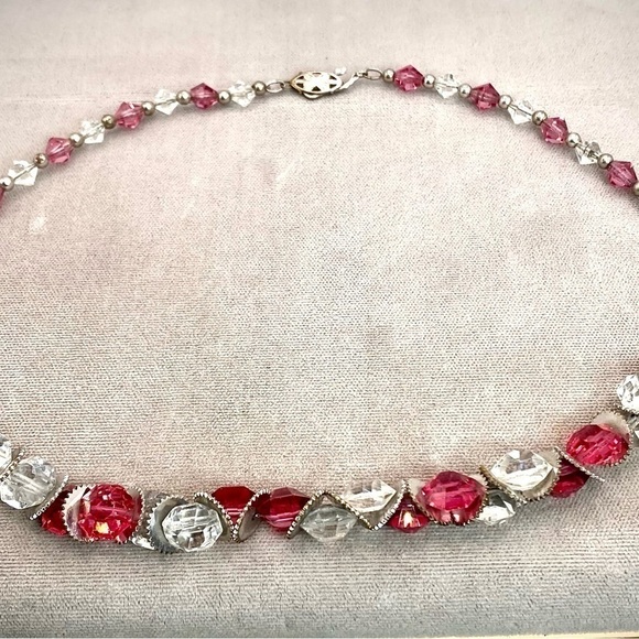 π
Ίantique Vintage pink and clear Czech faceted Glass Crystal Necklace silver tone - Picture 5 of 6